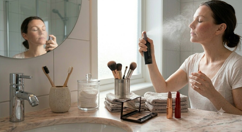 Fixador de Maquilhagem: Dicas para Manter a Maquilhagem Intacta Durante Todo o Dia em Cuidados de Rosto mulher a colocar fixador de maquilhagem